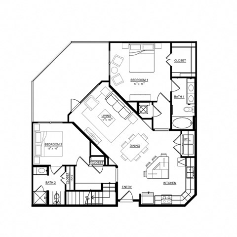 Floor plan for 2 beds, 2 baths, 1263 sqft